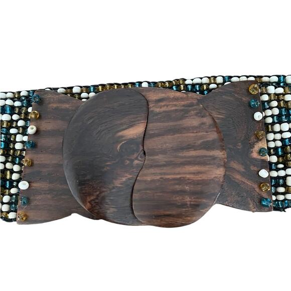 Vintage Beaded Stretchy Wide Waist Belt Wood Buckle Green Cream Gold main image 5